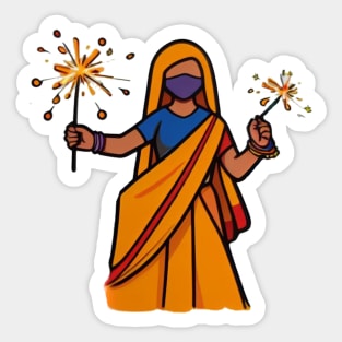 Graceful Celebration: Indian Woman in Traditional Attire with Fireworks Sticker